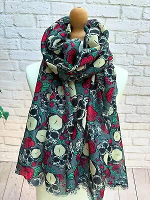 Buy Ladies Skulls And Roses Print Frayed GREY RED Fashion Scarf • 12.95£