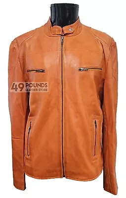 Buy SPEED Men Racer Leather Jacket Orange Biker Retro Rock Real Leather Jacket SR-02 • 41.65£