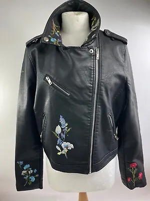 Buy Aftf Black Zipped Faux Leather Embroidered Jacket • 20£