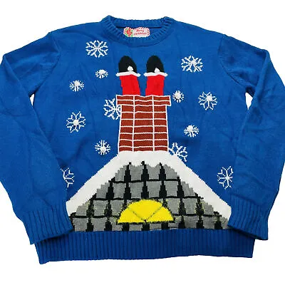 Buy Lighted Christmas Sweater Santa In Chimney Ugly Womens L Blue Battery Operated • 22.88£