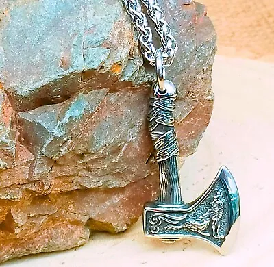 Buy Stainless Steel Viking Axe Wolf/Raven Necklace, Viking Warrior Necklace • 13.95£