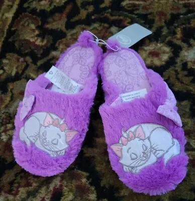 Buy  DISNEY STORE MARIE Cat Women Plush Slippers Purple Slip-on House Shoes  5/6 NWT • 37.56£
