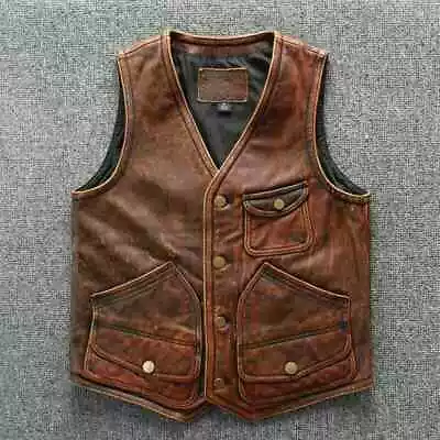 Buy Men's Biker Vintage Tan Brown Vintage Real Leather Motorcycle Vest Jacket • 22£