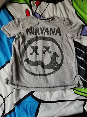 Buy 4-5 Years Grey Nirvana T-shirt Top Grey Smiley Short Sleeved Tee Band Merch • 3.50£