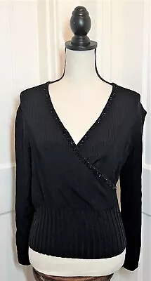 Buy Grace Black Faux Wrap Ribbed Beaded Long Sleeve Blouse Size PM Petite Y2k 2010's • 5.10£