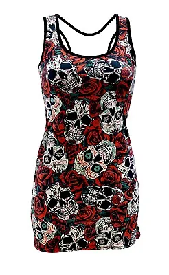 Buy Gothic Floral Sugar Skulls Rose Tattoo Print Long Vest Top Halloween Alternative • 21.99£