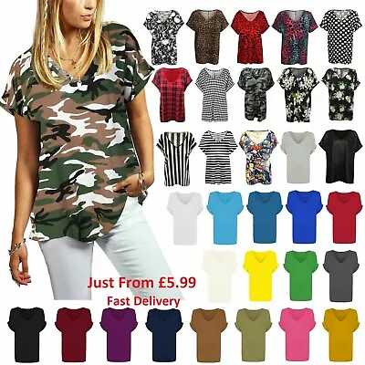 Buy Women Ladies Baggy Oversized Loose Fit Turn Up Batwing Sleeve V Neck Top T Shirt • 9.95£