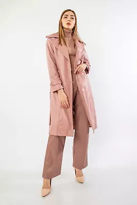 Buy PU Faux Vegan Leather Belted Single Breasted Trench Jacket Coat - Powder Pink • 29.99£