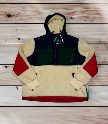Buy Polo Ralph Lauren VTG Colorblocked Sherpa Faux Fur Fleece Pullover Hoodie Jacket • 109£