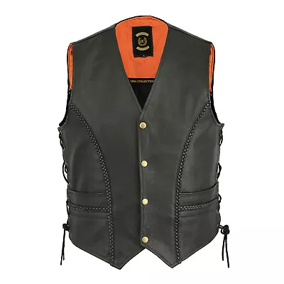 Buy New Mens Braided Leather Motorcycle Biker Style Waistcoat Vest Black Side Laces  • 29.97£