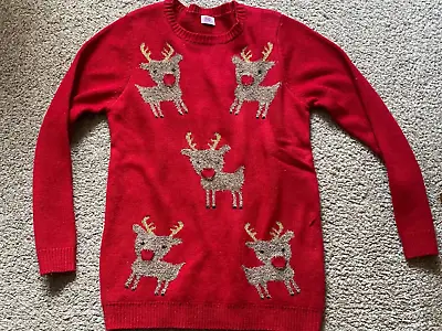 Buy F&F - Red Reindeer Knitted Christmas Jumper - Girls Size 11-12 Years • 4.50£