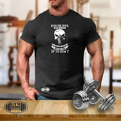 Buy Evil Skull T Shirt Gym Clothing Bodybuilding Training Workout Exercise Men Top • 10.99£