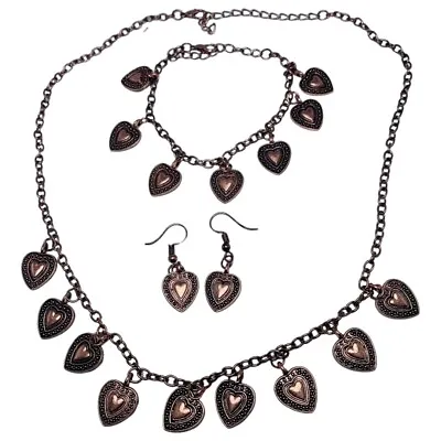 Buy Copper Tone Heart Charm Jewelry Set Necklace Bracelet Earring Lovecore Valentine • 25.55£