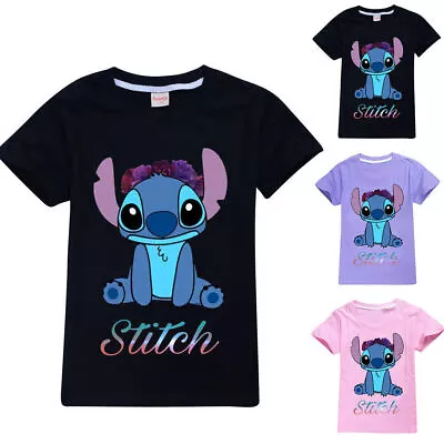 Buy Kids Lilo And Stitch Ohana T-shirt Boys Girls Casual Short Sleeve Tee Tops Gift_ • 8.19£