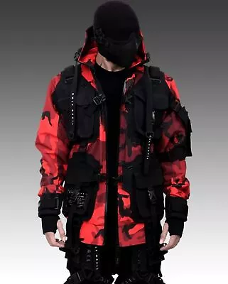 Buy Men's Techwear Red Camouflage Jacket Hoodie Full Zip Buckle H-G B.O.M.B 04/CMR • 244£