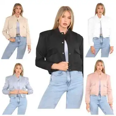 Buy Ladies Women Long Sleeve Button Up Short Varsity Cropped Bomber Jacket Coat Top • 24.99£