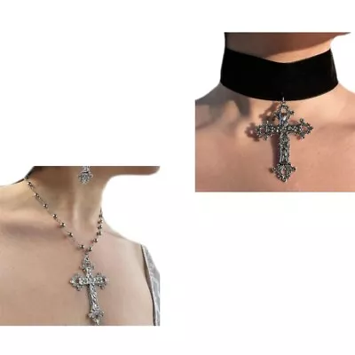 Buy Gothic Large Crosess Choker Vintage BlackVelvet/Beaded Chains Jewelry Necklace • 7.26£