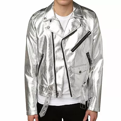 Buy Mens Biker Jacket Silver Motorcycle Slim Fit Goth Punk Moto Retro Leather Jacket • 67.32£