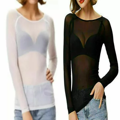 Buy Ladies' SHEER Mesh Top Ladies Long Sleeve Stretchy See Through T Shirt Tops Plus • 6.99£