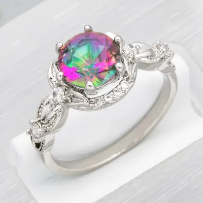 Buy Round Simulated Rainbow Mystic Topaz CZ Silver Jewellery Women Ring Size L N Q S • 4.10£