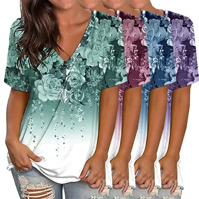 Buy Womens Floral V Neck T-shirt Blouse Ladies Summer Short Sleeve Casual Tunic Tops • 10.88£