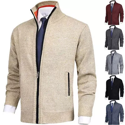 Buy Mens Fleece Lined Cable Knitted Zip Up Cardigan Warm Winter Outerwear Jumper ⭐ • 14.40£