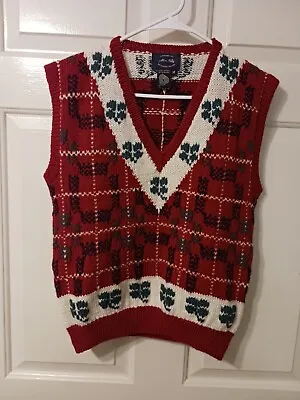 Buy Vintage Allen Solly 100% New Wool Vest Red Argyle Plaid 4 Leaf Clover Granny M • 28.35£