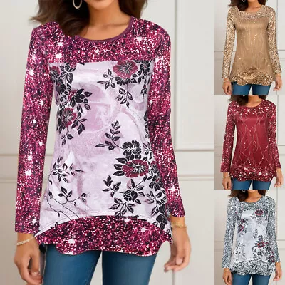 Buy Women Floral Print T-Shirt Tunic Tops Evening Party Long Sleeve Blouse Size 6-16 • 2.59£