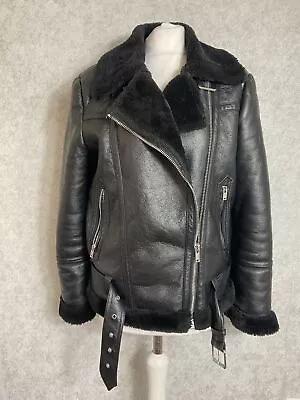 Buy Topshop Ladies Black Faux Leather Shearling Aviator Biker Jacket UK 8 • 43.12£