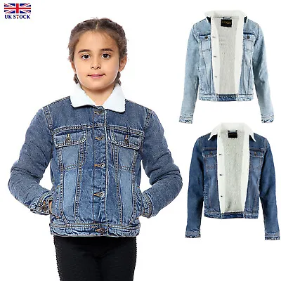 Buy New Kids Girls Sherpa Lined Denim  Borg Warm Trendy Trucker Jeans Jacket Coat • 22.99£