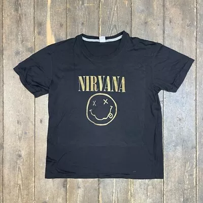 Buy Nirvana T-Shirt Y2K Short Sleeve Music Graphic Tee, Black, Womens Large • 15£
