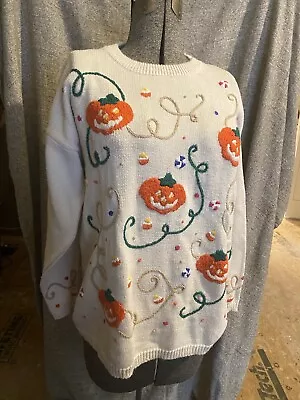 Buy Vintage Halloween Sweater Pumpkins Candycorn Knit 90's Women's Size Large • 57.41£