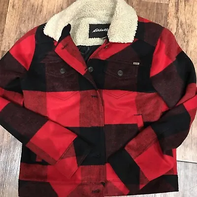Buy Eddie Bauer W Small Red/black Checked Wool Trucker Jacket Coat Double Breast • 35£