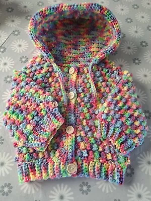 Buy  New Hand Crocheted  Baby  Hooded Bobble Jacket 0-3mths Rainbow Coloured Yarn  • 8.50£