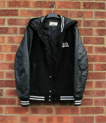 Buy Vtg Black Jacket Wool Faux Leather Hooded Bomber American Letterman Sports Coat • 30£