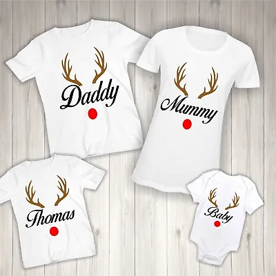 Buy Personalised Matching Family Christmas T-Shirts, Reindeer Antler Name Top Kids • 8.95£