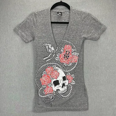Buy Rebel 8 T-Shirt Womens Small V-Neck Skull Fangs Snake Slim Fit Red Roses US • 16.30£