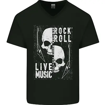 Buy Rock N Roll Live Music Skull Guitar Mens V-Neck Cotton T-Shirt • 9.99£