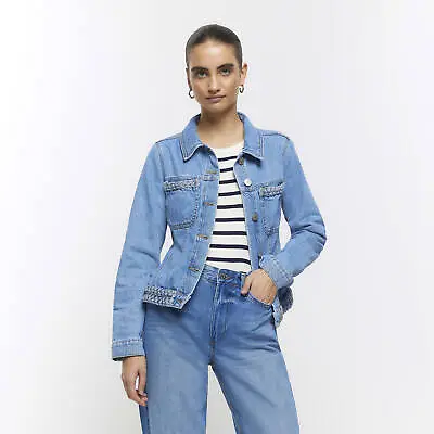 Buy River Island Womens Jacket Blue Denim Plait Detail Collared Outerwear Top • 11£