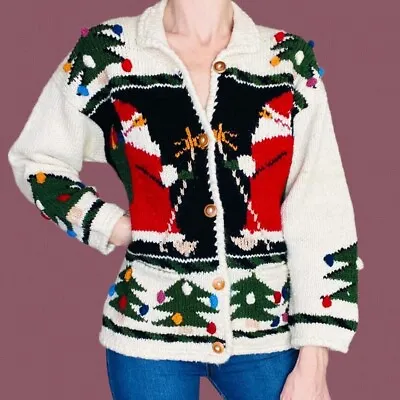 Buy Vintage Handmade Merino Wool Santa Christmas Tree Holiday Cardigan Sweater • 75.60£