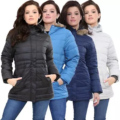 Buy Womens Jacket Parka Ladies Quilted Padded Zip Faux Fur Hooded Soft Winter Coat • 19.99£