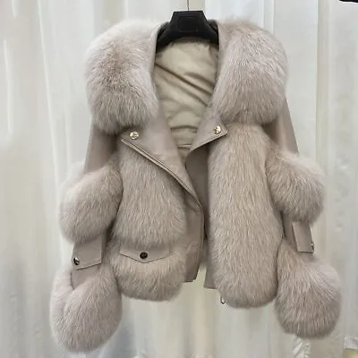Buy Womens Casual Leather Jacket Coat Rabbit Fur Collar Outwear Winter Warm Overcoat • 84.18£