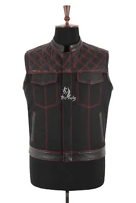Buy Men's Leather Vest Cordura Black Biker Waistcoat Red Stitching Quilted SOA Vest • 49.99£
