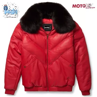 Buy Men Leather V-Bomber Jacket Puffer Fox Fur Collor Goos Down Lambskin Zipper Coat • 141.54£
