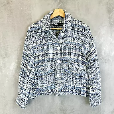 Buy Zara Boucle Jacket Size XS Blue Tartan Check Cropped Knit Preppy • 26.40£