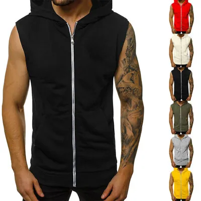 Buy Mens Sleeveless Sweatshirt Hooded Casual Tank Top Plain Bodybuilding Muscle Vest • 9.92£