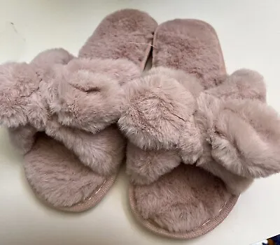 Buy NY & Co  Women Fluffy Slippers- Light Pink- Small-Bow Top- Sturdy  Heels-9 1/4”L • 18.73£