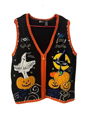 Buy Vintage Holiday Editions Halloween Theme Knit Sequin Zip Up Vest Size Large • 37.79£