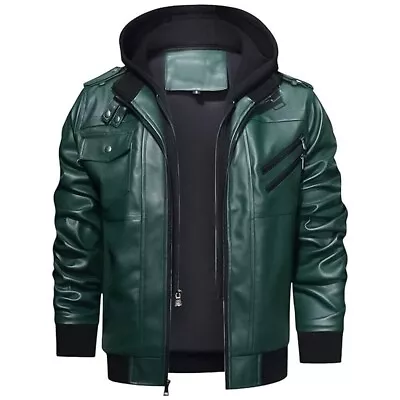 Buy Men's Green Faux Leather Biker Fit Slim Style Detach Hood Jacket • 72.99£