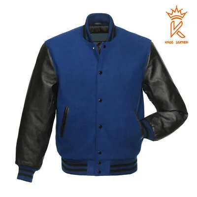 Buy Lettermen Bomber Baseball Blue Wool Varsity Jacket With Black Leather Sleeves • 111.58£